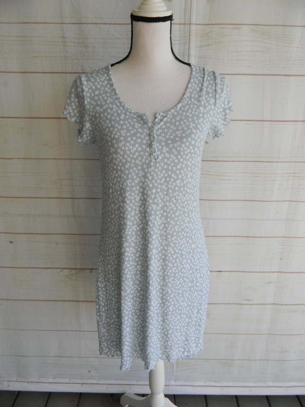 LAURA ASHLEY GREEN/WHITE FLORAL SHORT SLV HENLEY RETRO 90'S Y2K RIBBED DRESS M,